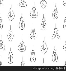 Hand drawn seamless pattern of Light Bulbs. Different loft lamps in doodle style. Vector illustration on white background. Hand drawn seamless pattern of Light Bulbs. Loft lamps in doodle style.