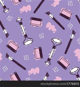 Hand drawn seamless pattern of makeup beauty cosmetic elements, mascara, cream bottle, nail product, brush. Doodle sketch style. Makeup element illustration for wallpaper, background, textile.