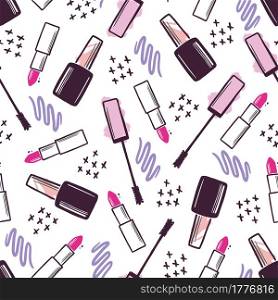 Hand drawn seamless pattern of makeup beauty cosmetic elements, mascara, cream bottle, nail product, brush. Doodle sketch style. Makeup element illustration for wallpaper, background, textile.