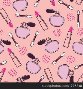 Hand drawn seamless pattern of makeup beauty cosmetic elements, perfume bottle, eye brush, lipstick. Doodle sketch style. Makeup element illustration for wallpaper, background, textile.