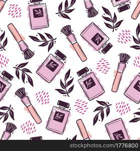 Hand drawn seamless pattern of makeup beauty cosmetic, perfume bottle, makeup brush with abstract floral elements. Doodle sketch style. Cosmetic element illustration for wallpaper, background, textile.