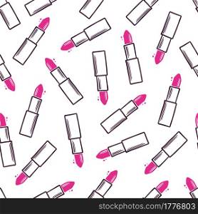 Hand drawn seamless pattern of makeup lipstick elements. Doodle sketch style. Lipstick element drawn by digital pen. Vector illustration for wallpaper, background, textile.
