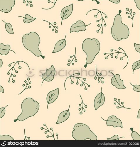 Hand drawn seamless pattern of pears, leaves and branches of berries. Perfect for T-shirt, textile and print. Doodle vector illustration for decor and design.