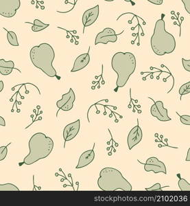 Hand drawn seamless pattern of pears, leaves and branches of berries. Perfect for T-shirt, textile and print. Doodle vector illustration for decor and design.