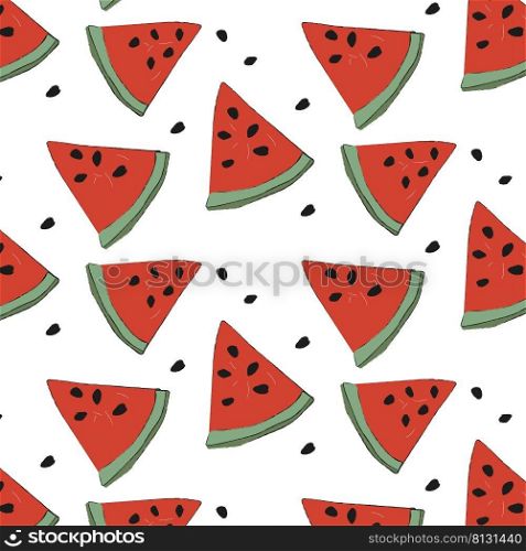 hand-drawn seamless pattern of watermelon slices on white background. vector illustration