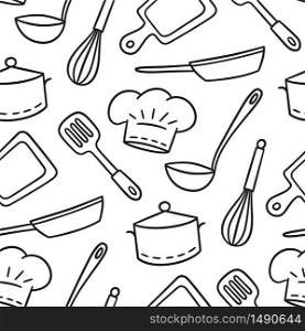 Hand drawn seamless pattern on the theme of chef and cook. Vector illustration in doodle style on white background. Hand drawn seamless pattern on the theme of chef and cook. Vector illustration