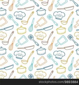 Hand drawn seamless pattern on the theme of chef, kitchen and cook. Vector illustration in doodle style on white background. Hand drawn seamless pattern on the theme of chef, kitchen and cook. Vector illustration in doodle style