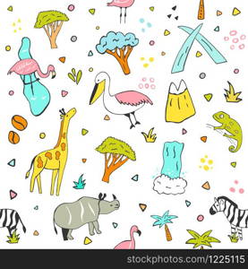 Hand drawn seamless pattern with african animals, attractions, symbols. Hand drawn seamless pattern with african animals