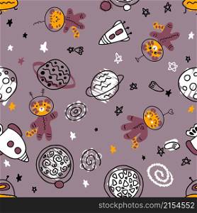 Hand drawn seamless pattern with astronauts tigers in space. Perfect for T-shirt, textile and print. Doodle vector illustration for decor and design.