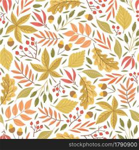 Hand-drawn seamless pattern with autumn leaves. Colorful seasonal illustration for paper and gift wrap. Fabric print design. Creative stylish background.