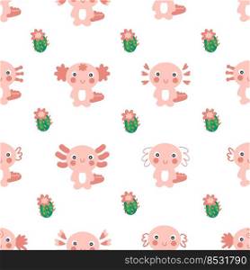 Hand drawn seamless pattern with axolotls and cactuses. Perfect for T-shirt, textile and prints. Cartoon style vector illustration for decor and design.