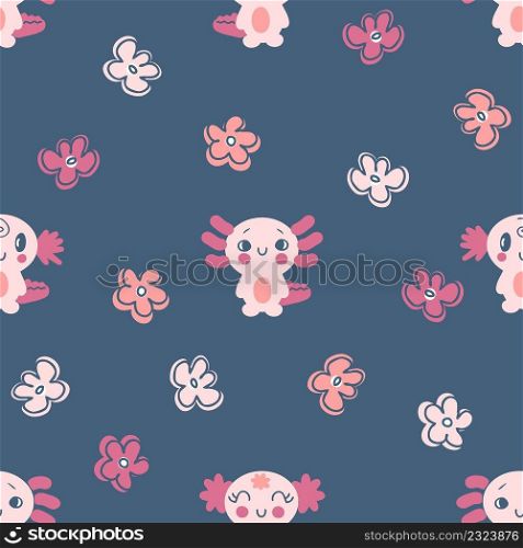 Hand drawn seamless pattern with axolotls and flowers. Perfect for T-shirt, textile and print. Doodle vector illustration for decor and design.