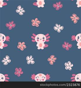 Hand drawn seamless pattern with axolotls and flowers. Perfect for T-shirt, textile and print. Doodle vector illustration for decor and design.