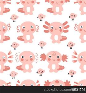 Hand drawn seamless pattern with axolotls and small birds. Perfect for T-shirt, textile and prints. Cartoon style vector illustration for decor and design.