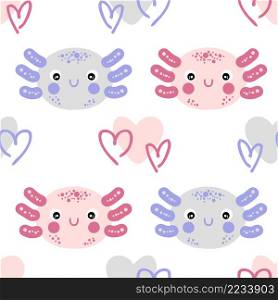 Hand drawn seamless pattern with axolotls faces and hearts. Perfect for T-shirt, textile and print. Doodle vector illustration for decor and design.
