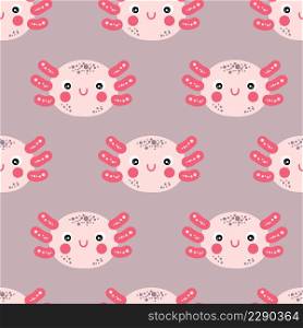 Hand drawn seamless pattern with axolotls faces. Perfect for T-shirt, textile and print. Doodle vector illustration for decor and design.