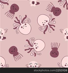 Hand drawn seamless pattern with axolotls, octopus and jellyfish. Perfect for T-shirt, textile and print. Doodle vector illustration for decor and design.