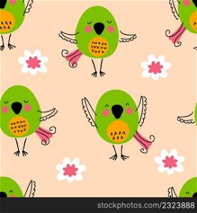 Hand drawn seamless pattern with birds and flowers. Perfect for T-shirt, textile and print. Doodle vector illustration for decor and design.