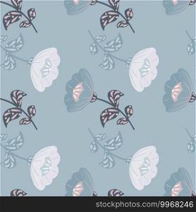 Hand drawn seamless pattern with blue and white doodle vintage flower silhouettes. Pastel background. Perfect for fabric design, textile print, wrapping, cover. Vector illustration.. Hand drawn seamless pattern with blue and white doodle vintage flower silhouettes. Pastel background.