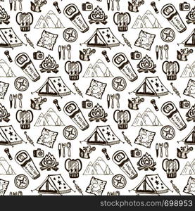 Hand drawn seamless pattern with camping objects. Summer vacation background. Camping holiday vector illustration. Hand drawn seamless pattern with camping objects. Summer vacation background. Camping holiday vector illustration.