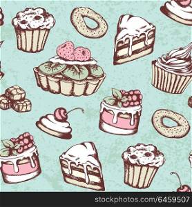 Hand drawn seamless pattern with candies and cakes in vintage style. Vector green background with sweets.