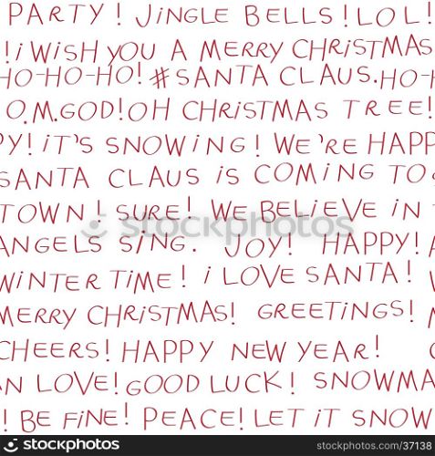 Hand drawn seamless pattern with Christmas greetings text doodles isolated on white, original childish font