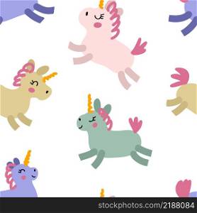 Hand drawn seamless pattern with colorful unicorns. Perfect for T-shirt, textile and print. Doodle vector illustration for decor and design.