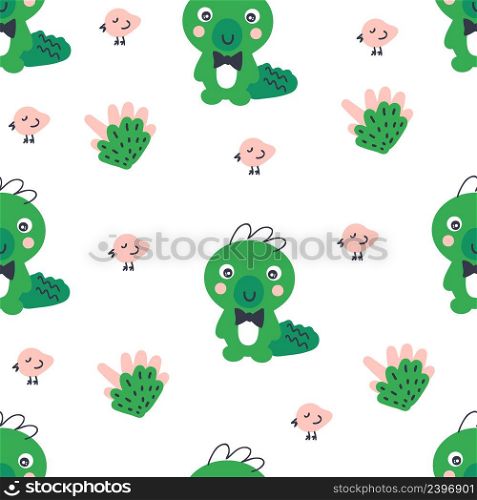 Hand drawn seamless pattern with crocodiles and small birds. Perfect for T-shirt, textile and prints. Doodle style vector illustration for decor and design.
