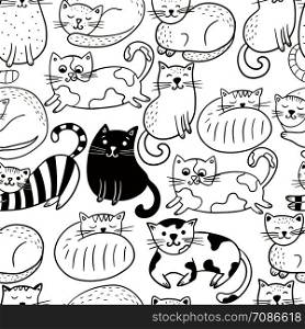 Hand drawn seamless pattern with cute cats on a white background. Doodle style. Can be used for coloring book, wrapping, printing, fabric and textile.