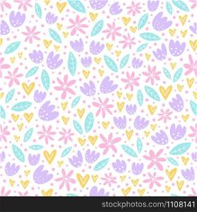 Hand drawn seamless pattern with cute flowers. Colorful floral illustrations for packaging, gift wrap, wallpapers, fabric, scrapbooking paper and any type of printed products.