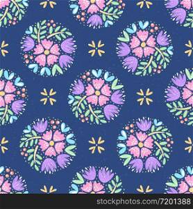 Hand drawn seamless pattern with cute flowers. Colorful floral illustrations with texture on deep blue background for wrapping paper, wallpapers, fabric and any type of printed products.