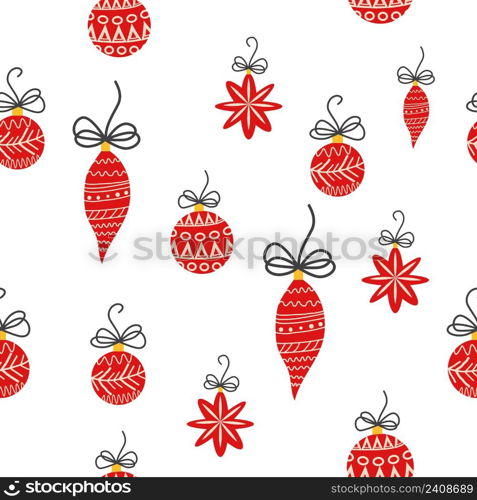 Hand drawn seamless pattern with cute hand drawn Christmas tree decorations, baubles. New Year baubles print.. Hand drawn seamless pattern with cute hand drawn Christmas tree decorations, baubles. Repetitive New Year baubles print.