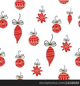 Hand drawn seamless pattern with cute hand drawn Christmas tree decorations, baubles. New Year baubles print.. Hand drawn seamless pattern with cute hand drawn Christmas tree decorations, baubles. Repetitive New Year baubles print.