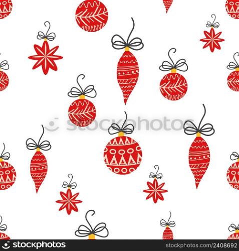 Hand drawn seamless pattern with cute hand drawn Christmas tree decorations, baubles. New Year baubles print.. Hand drawn seamless pattern with cute hand drawn Christmas tree decorations, baubles. Repetitive New Year baubles print.
