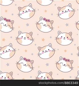 Hand drawn seamless pattern with cute kawaii cats faces on beige background. Doodle cartoon style for kids textile, children room, baby shower, nursery decoration.