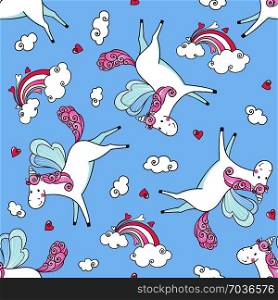 Hand drawn seamless pattern with cute Unicorns. Vector illustration. Design for greeting cards, fabrics, textile or wallpapers.. Hand drawn seamless pattern with cute Unicorns.