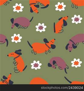 Hand drawn seamless pattern with dachshunds and flowers. Perfect for T-shirt, postcard, textile and print. Doodle vector illustration for decor and design.