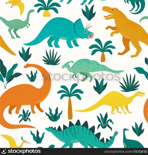 Hand drawn seamless pattern with dinosaurs and tropical leaves and flowers. Perfect for kids fabric, textile, nursery wallpaper. Cute dino design. Vector illustration. Hand drawn seamless pattern with dinosaurs and tropical leaves and flowers. Perfect for kids fabric, textile, nursery wallpaper. Cute dino design. Vector illustration.