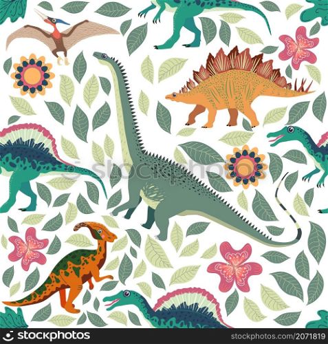 Hand drawn seamless pattern with dinosaurs and tropical leaves and flowers. Perfect for kids fabric, textile, nursery wallpaper. Cute dino design.. Doodle dinosaur pattern. Seamless textile dragon print, trendy childish fabric background, cartoon dinosaurs.