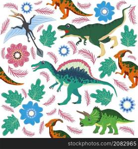 Hand drawn seamless pattern with dinosaurs and tropical leaves and flowers. Perfect for kids fabric, textile, nursery wallpaper. Cute dino design.. Doodle dinosaur pattern. Seamless textile dragon print, trendy childish fabric background, cartoon dinosaurs.