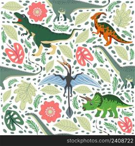 Hand drawn seamless pattern with dinosaurs and tropical leaves and flowers. Perfect for kids fabric, textile, nursery wallpaper. Cute dino design.. Hand drawn seamless pattern with dinosaurs and tropical leaves and flowers. Cute dino design.