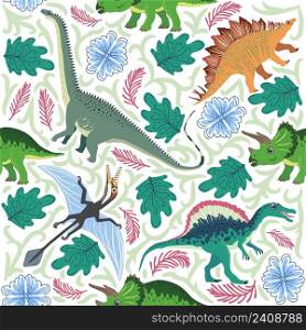 Hand drawn seamless pattern with dinosaurs and tropical leaves and flowers. Perfect for kids fabric, textile, nursery wallpaper. Cute dino design.. Hand drawn seamless pattern with dinosaurs and tropical leaves and flowers. Cute dino design.