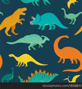 Hand drawn seamless pattern with dinosaurs. Perfect for kids fabric, textile, nursery wallpaper. Cute dino design. Vector illustration. Hand drawn seamless pattern with dinosaurs. Perfect for kids fabric, textile, nursery wallpaper. Cute dino design. Vector illustration.
