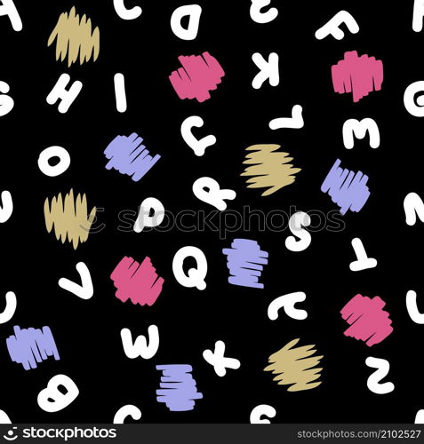 Hand drawn seamless pattern with english letters and brush strokes. Perfect for T-shirt, postcard, textile and print. Doodle vector illustration for decor and design.