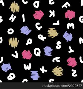 Hand drawn seamless pattern with english letters and brush strokes. Perfect for T-shirt, postcard, textile and print. Doodle vector illustration for decor and design.