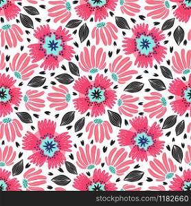 Hand drawn seamless pattern with fantasy flowers. Colorful floral illustration for packaging, wallpapers, textile and any type of printed products.