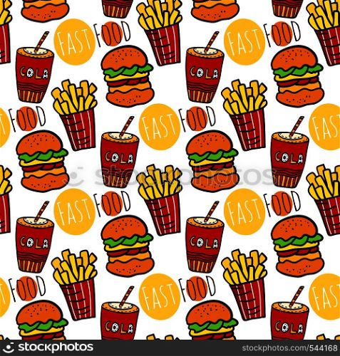 Hand drawn seamless pattern with fast food. Doodle street food. Fries potato, cola and burgers background. For menu, flyer, packaging design. Hand drawn seamless pattern with fast food. Doodle street food. Fries potato, cola and burgers background.