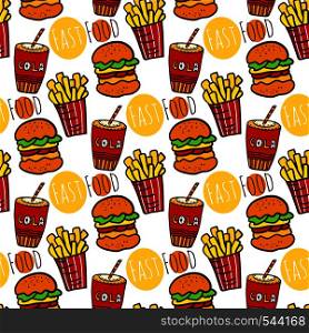 Hand drawn seamless pattern with fast food. Doodle street food. Fries potato, cola and burgers background. For menu, flyer, packaging design. Hand drawn seamless pattern with fast food. Doodle street food. Fries potato, cola and burgers background.