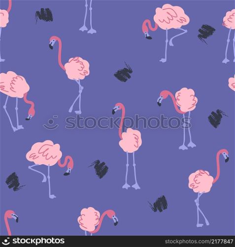 Hand drawn seamless pattern with flamingo and brush srokes. Perfect for T-shirt, textile and print. Doodle vector illustration for decor and design.