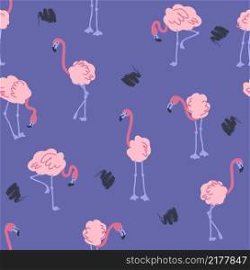Hand drawn seamless pattern with flamingo and brush srokes. Perfect for T-shirt, textile and print. Doodle vector illustration for decor and design.